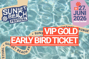 Advertisement for Sunset Beach Festival VIP Gold Early Bird Ticket, June 27, 2026.