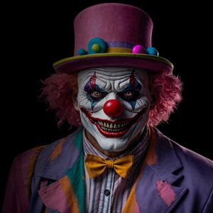 Person dressed in a colorful clown costume with a purple hat, yellow bow tie, and multicolored jacket.
