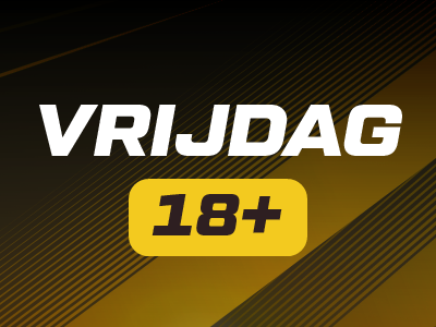 Text reads "Vrijdag 18+" on a striped background.