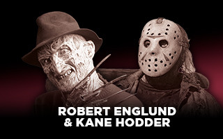 Two characters wearing hats and masks with names below them.