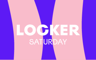 Text "LOCKER SATURDAY" with a background of wavy shapes in purple and pink.