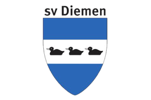 Shield-shaped logo of sv Diemen featuring three black ducks in a white horizontal stripe against a blue background, with text sv Diemen above.