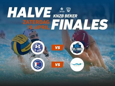 Water polo players in action, promoting KNZB Cup semifinals on April 8, team logos shown.