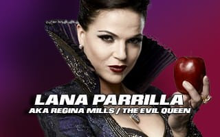 Person in costume holding an apple with text Lana Parrilla aka Regina Mills/The Evil Queen.
