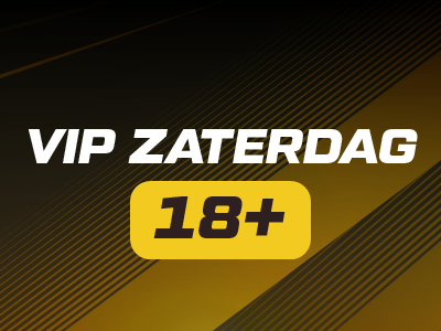 VIP Zaterdag 18+ text on striped black and gold background