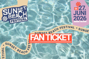 Sunset Beach Festival poster with date June 27, 2026, fan ticket, pool background.