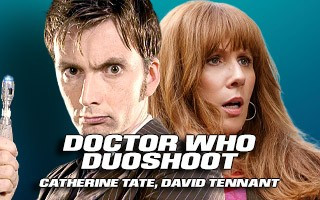 Two blurred actors from Doctor Who with text "Duoshoot" and names Catherine Tate and David Tennant.